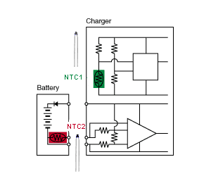 应用NTC热敏电阻进行二次电池和充电器温度检测的电路示例